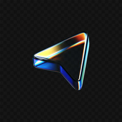 Wall Mural - 3d glass arrow icon with refraction and holographic effect isolated on dark background. render trans