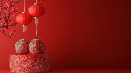 Fototapete - Red backdrop with a podium and decorative Chinese elements such as clouds and folding fans