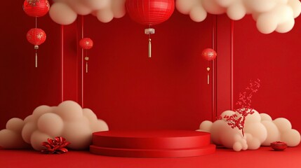Fototapete - Red backdrop with a podium and decorative Chinese elements such as clouds and folding fans