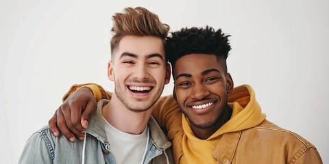 Wall Mural - Two men are smiling and hugging each other. They are wearing jackets and one of them is wearing a yellow hoodie