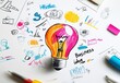 © Stone Story - Creative business idea represented by a vibrant light bulb sketch surrounded by various drawings and colorful brainstorm concepts.