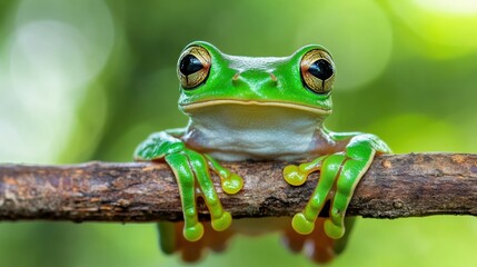 Poster - A green frog sitting on a branch with its eyes closed, AI