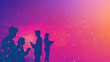 © Nima - Silhouettes of four business professionals using their devices against a vibrant pink and purple gradient background with abstract network connections, symbolizing communication, technology, collabora