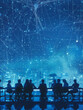 © Nima - Silhouettes of business professionals gathered around a table on a rooftop, looking out at a city skyline with a network of glowing lines representing digital connections. The image symbolizes teamwor