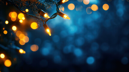 Poster - holiday, illumination and decoration concept - bokeh of Christmas garland lights over dark blue background
