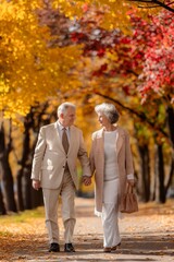 Wall Mural - An elderly couple enjoys a relaxing autumnal walk in the park, embracing love and togetherness.