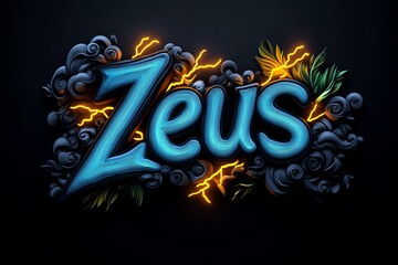 Poster - Vibrant and artistic depiction of the name 'Zeus' surrounded by lightning and clouds, perfect for mythology-themed projects.