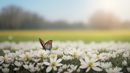 a butterfly landing on some white flowers in the field, with sun behind it and water on the ground