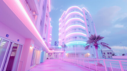 A neon pink building with a neon green sign on the side