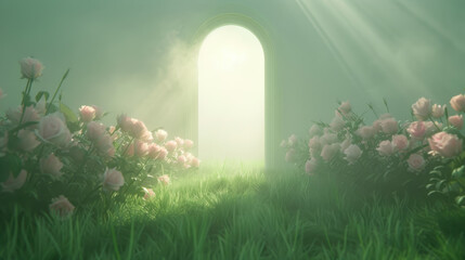 Wall Mural - A lush green field with a large archway in the middle