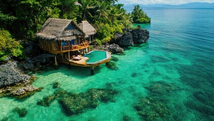 Wall Mural - Tropical bungalow with pool overlooking turquoise water.