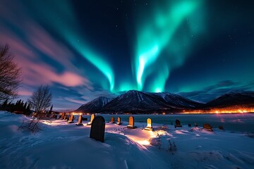 Poster - Vibrant green aurora borealis display over a snow covered landscape with mountains in the distance.