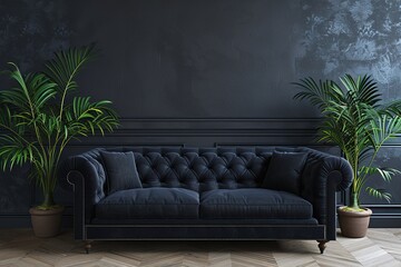 Canvas Print - Black interior modern classic. A large black sofa, a sofa in expensive fabric, a green houseplant. Black dark room 3D rendered.