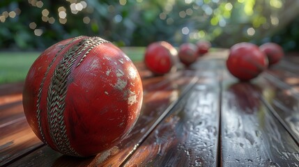 Wall Mural - red color cricket ball on the grass