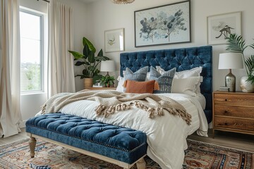 Canvas Print - Boho glam bedroom with velvet headboard and metallic accents