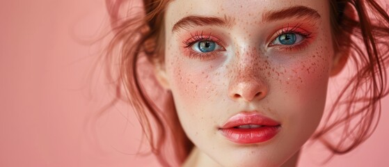 Sticker - Young model with prominent freckles and soft makeup on a pink background. Free copy space for text.