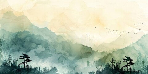 Asian Mountain Landscape. Traditional Watercolor Painting with Oriental Design Elements