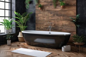 Wall Mural - Black and wooden bathroom, white tub.