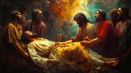 Jesus performing healing on a sick man surrounded by disciples
