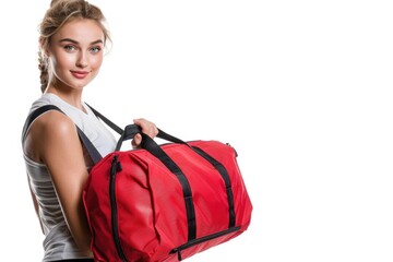 Wall Mural - A woman carrying a bright red duffel bag, ready for travel or adventure