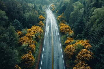 Lush road surrounded by vibrant yellow flowers in a forested area on a rainy day