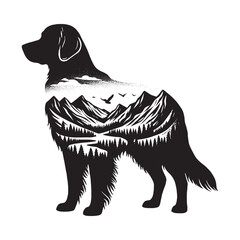 silhouette of Retriever, filled with mountain and nature view in rough drawing,