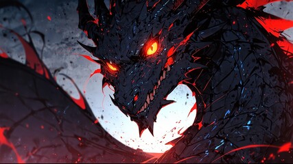 Wall Mural - low contrast redeyes black dragon anime style illustration concept background