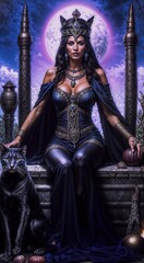 The High Priestess in a long blue dress, adorned with silver and blue gems, with a crown on her head, a black cat sitting next to her, a blue sky with white clouds and a full moon behind her, AI