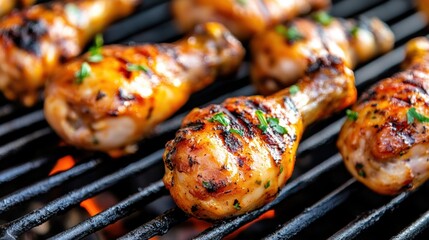 Wall Mural - A close up of a grill with chicken legs and herbs on it, AI