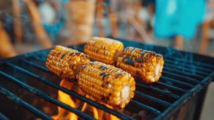 Wall Mural - Three ears of corn on a grill with flames coming from the coals, AI