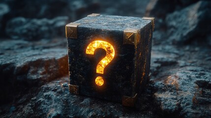 Wall Mural - Ancient stone cube emitting light with question mark symbol