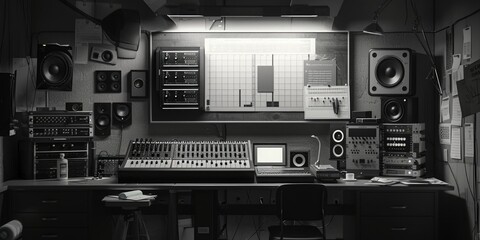 A black and white photo of a music studio with various equipment and instruments