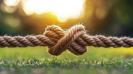 Close-up of a knotted rope on green grass at sunset, symbolizing strength, connection, and nature's beauty.