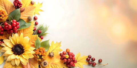 Poster - beautiful autumn background, leaves, berries and flowers.