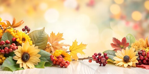 Wall Mural - beautiful autumn background, leaves, berries and flowers.