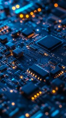 Canvas Print - Electronic circuit board showing transistors and capacitors with led lights glowing