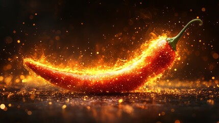 Poster - Red hot chili pepper burning with fire and sparks on dark background