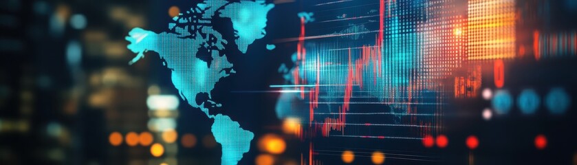 Poster - Digital world map with financial data graph overlay, representing global economy, market analysis, and investment trends.