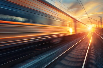 Poster - A train travels down the tracks as the sun sets in the background
