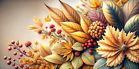 Wall Mural - Beautiful autumn background, leaves, berries and flowers.