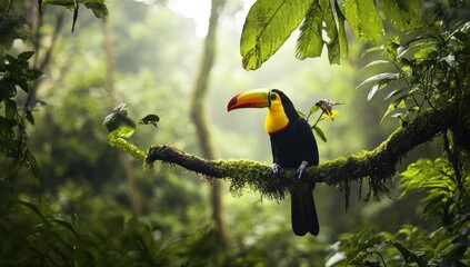 Sticker - Toucan perched on mossy branch in lush jungle.