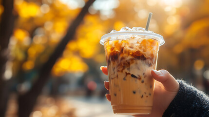 Wall Mural - Hand holding an iced coffee in a park