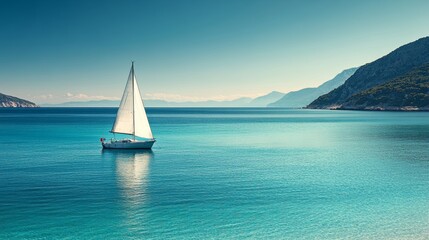 Wall Mural - Sailboat moored in turquoise water near green coastline