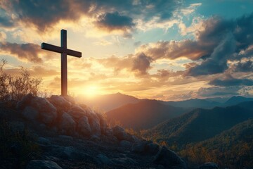 Cross, crucifixion, Jesus Christ on the mountain With a sunset background with generative ai