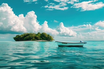 Poster - A small boat floats in the middle of a lake, surrounded by calm waters