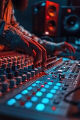 Aufkleber - Close-up of a person operating a soundboard, likely in a recording studio or live performance setting