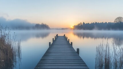 Wall Mural - Wooden pier stretching into a misty lake at sunrise