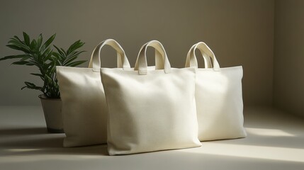 three white tote bags standing with green plant for sustainable living