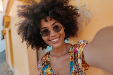 Sticker - A woman posing with a colorful shirt and sunglasses, taking a selfie