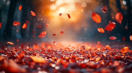 Canvas Print - Autumn rain falling on vibrant orange leaves